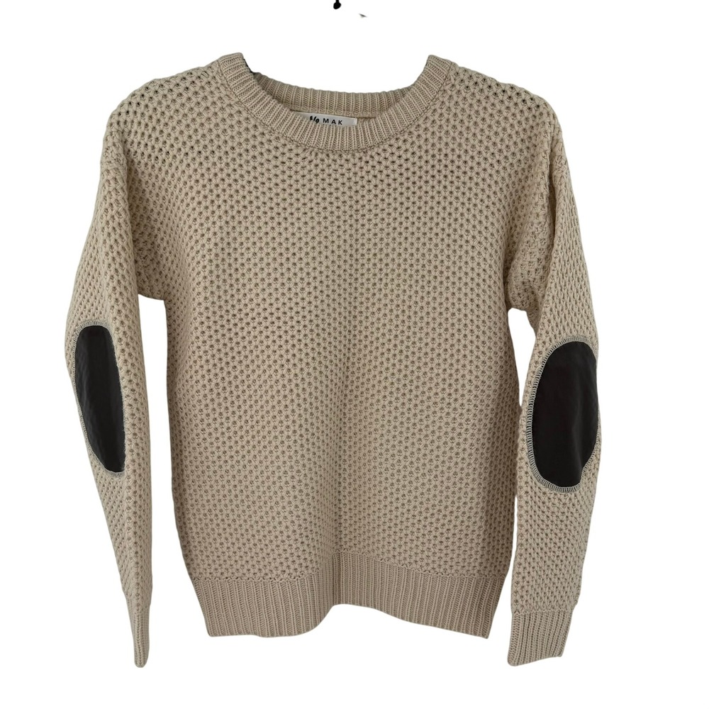 Ye MAK Sweater Elbow Patch Waffle Knit Classic Modern Womens Size Medium Tan